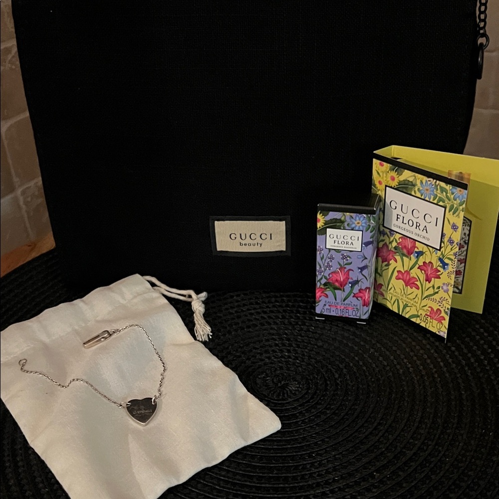 GUCCI BUNDLE with Authentic Silver Heart Bracelet and Gucci Beauty Pouch